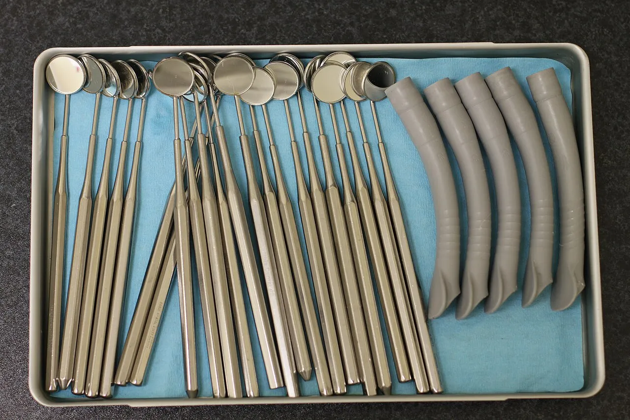 A metal tray holding rows of mouth mirrors and curved gray suction tips