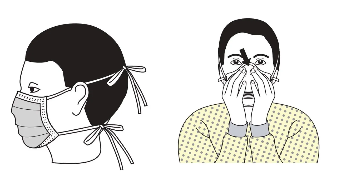 CDC line drawings of a surgical mask being tied behind the head and a person cupping both hands over a respirator to check its seal