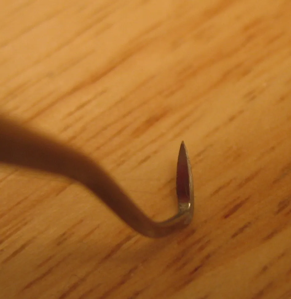 Face view of a sickle scaler blade tapering to a sharp pointed tip